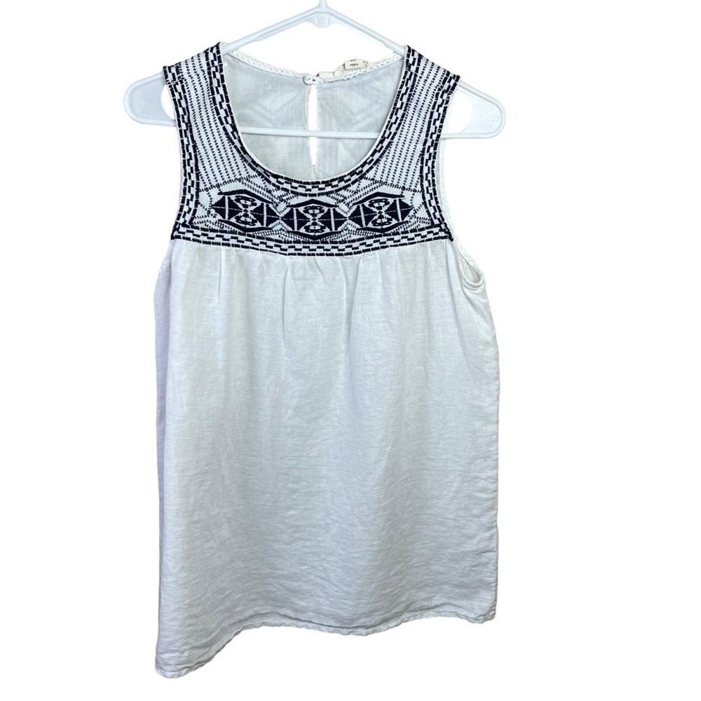 Artisan NY White w/ Navy Blue Embroidery 100% Linen Sleeveless Top Size Small